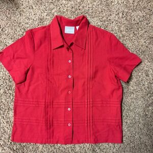 Blair Women Red Short Sleeve Collared Button Front Pleated Blouse Top Medium